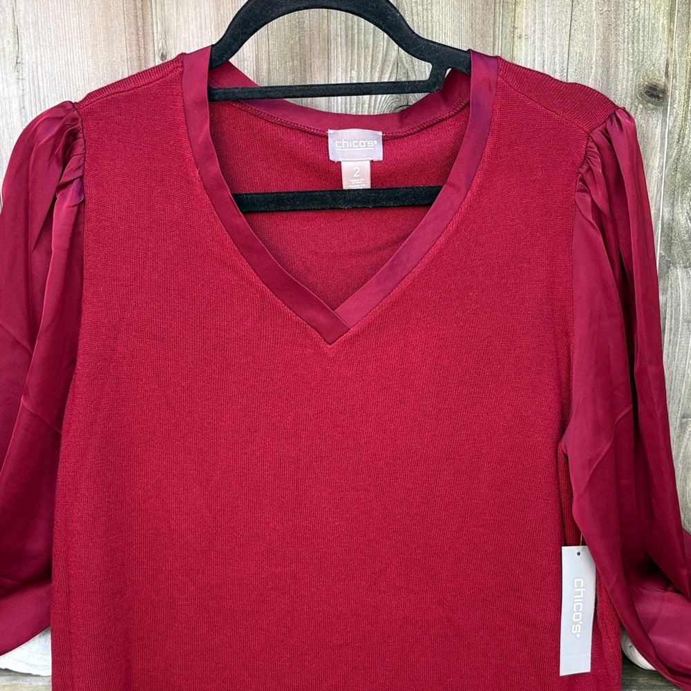 valentines outfit! CHICOS cranberry red NEW WT Blouse sleeves family photos